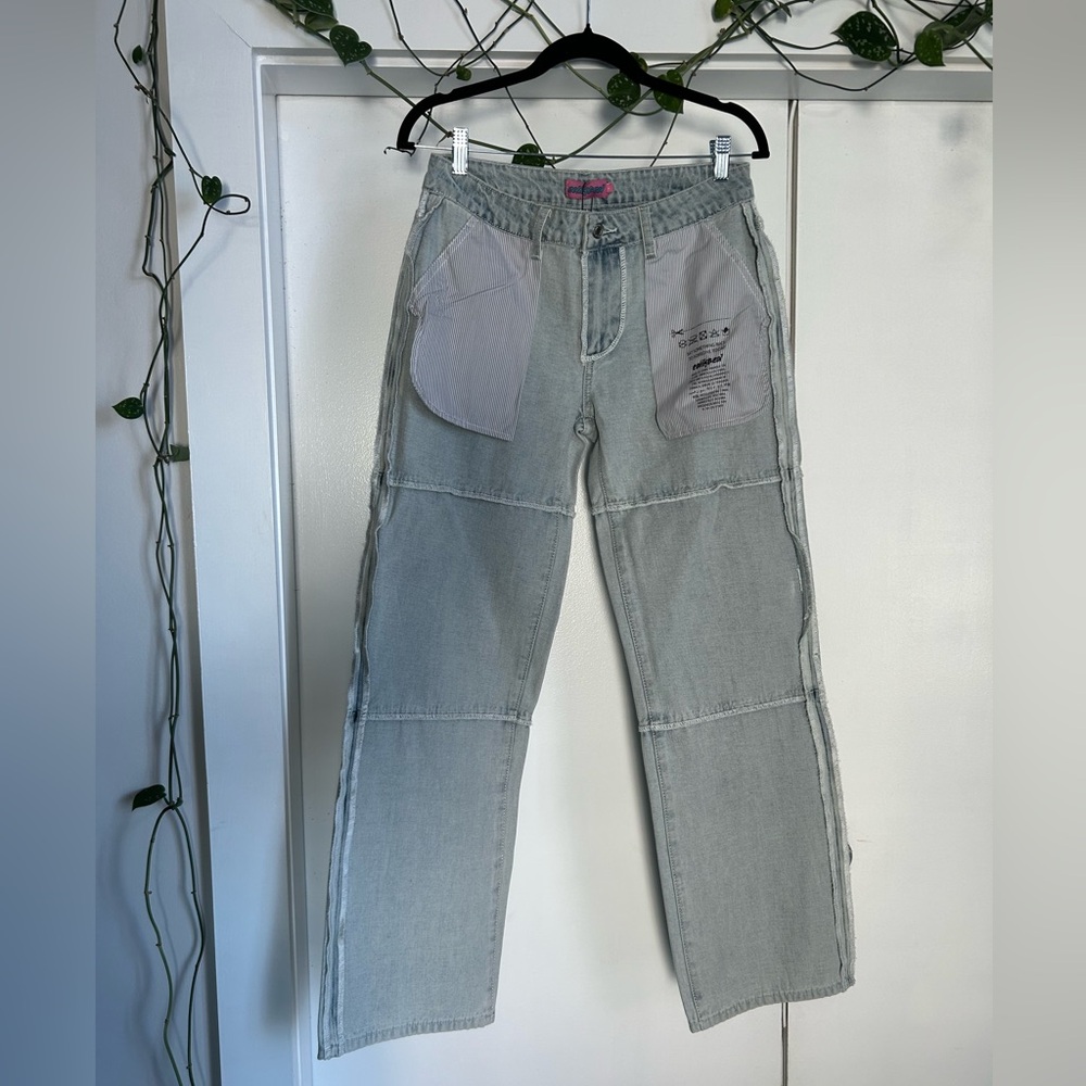 Dolls Kill Edikted Light Gray Relaxed Women Jeans with Inside Out Pockets